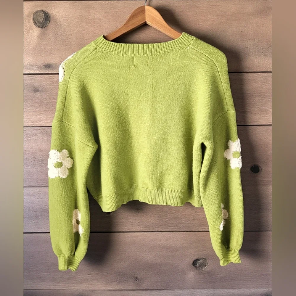 Luna Ivy Lime 3D Ivory Daisy Cropped Sweater Womens L Long Sleeve Retro Crew - Picture 3 of 13